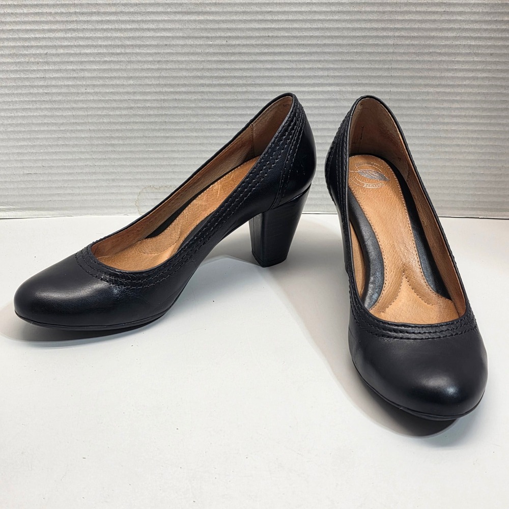 Nurture Evea Black Leather Pumps Round Toe Block Heel Comfort Shoes Womens 7M